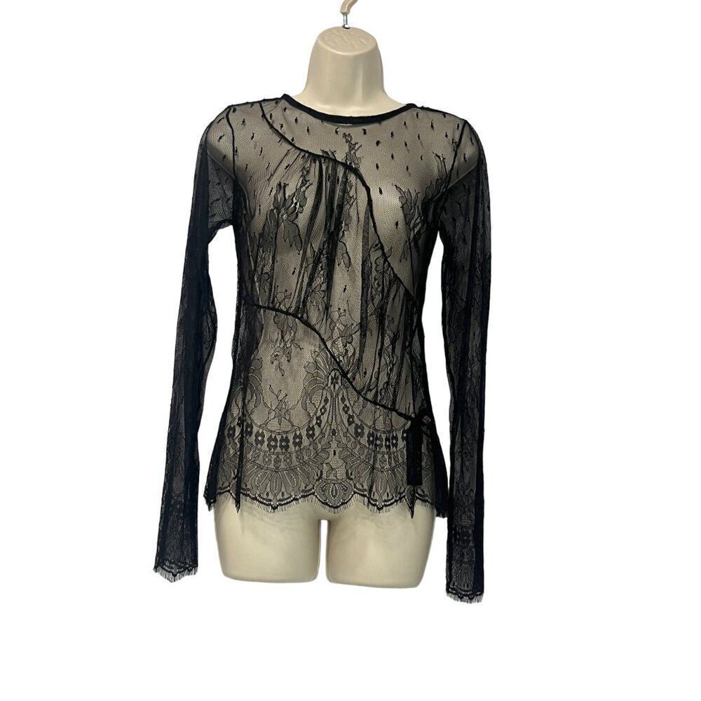 Topshop Lace sleeve eyelash lace shell top in black,